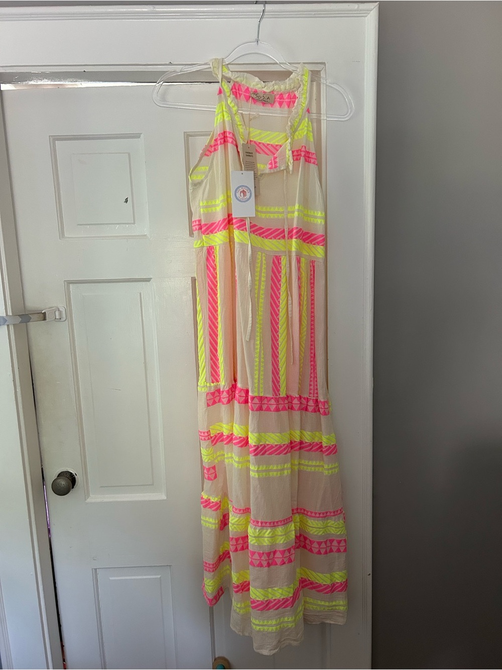 Neon Stripe Maxi Dress - Cream with Pink & Yellow